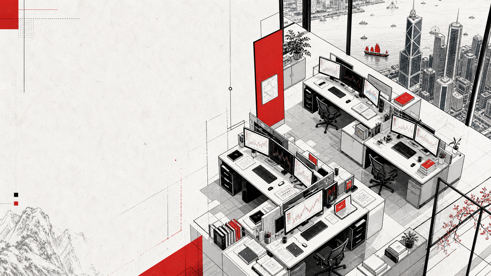 Original editorial illustration of a quantitative research workspace overlooking Hong Kong